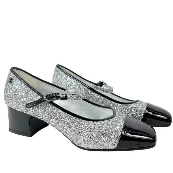 Chanel Glitter Patent Leather Cap Toe Mary Jane Pumps Silver Size 39.5 - Picture 2 of 12